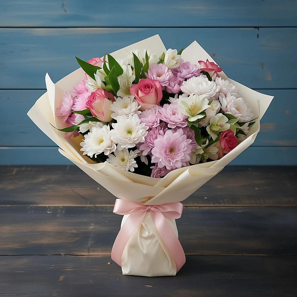 Букет цветов из: Хризантемы, Альстромерии и Розы в Кашин